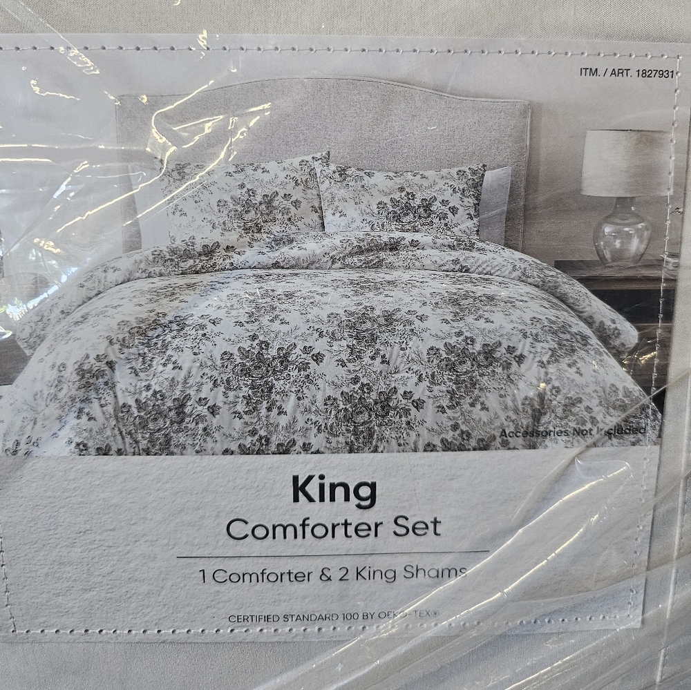 NIP Country Home King Comforter Set - Black & White Floral - Picture 2 of 2